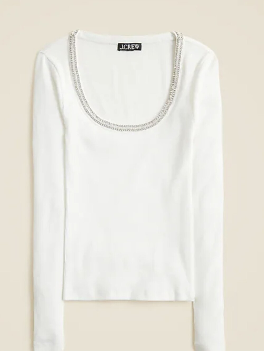 NWT J. Crew Crystal-Trim White Scoop Neck Long-Sleeve Top
